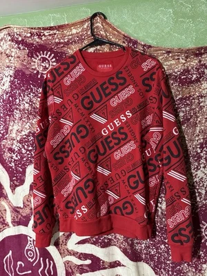 guess all over print red men’s sweater medium - Image 1 of 4