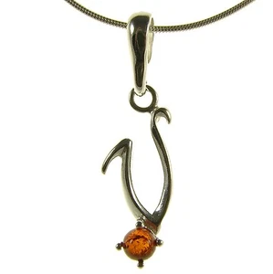 BALTIC AMBER STERLING SILVER 925 ALPHABET LETTER V PENDANT NECKLACE JEWELLERY - Picture 1 of 1