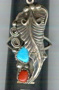 Free-form Turquoise and Coral Cabochons Set in Sterling Silver Size 7 1/2 Ring - Picture 1 of 2