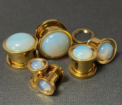 PAIR Opalite Stone Dome Gold Steel Screw Fit Tunnels Gauge Plugs Body Jewelry - Image 1 of 4