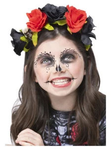 Kids Day of the Dead Rose Headband Black & Red Girls Halloween Fancy Dress - Picture 1 of 1