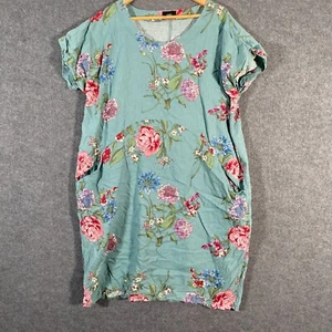 Sara Dress Womens 16 Plus Green Pink Shift Linen Midi Summery Flowers Ladies - Picture 1 of 12