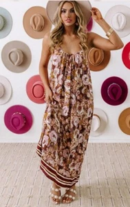NWT Impressions Dress Womens Lrg Brown Floral Midi Flowy Lightweight  - Picture 1 of 13