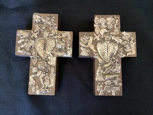 Set Of 2 Wooden Standing Milagro Crosses 4” X 3 1/2” X 1” Two Faces. Hand Made - Picture 1 of 9