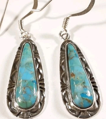 СЕРЬГИ-КРЮЧКИ ИЗ СТЕРЛИНГОВОГО СЕРЕБРА 925 ПРОБЫ С БИРЮЗОЙ 1 3/4 ДЮЙМА X 1/2 ДЮЙМА 6,2 г - Изображение 1 из 4