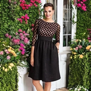 Eliza J Fit & Flare Midi Dress Mesh Party Polka Dot 3/4 Sleeves Pockets Pockets - Picture 1 of 9
