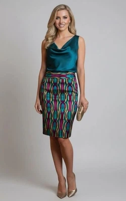 Falda lápiz ETCETERA verde azulado púrpura satén geométrico hasta la rodilla nueva con etiquetas talla XXS (00) Foto 1 de 4