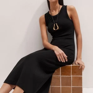ME + EM Ultimate Tank Midi Dress Black Cotton Rib Stretch Jersey Size 14 - Picture 1 of 6