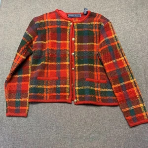 Karen Scott Petites Women's Sweater Size PS Red Plaid Knit Cardigan Button Front - Picture 1 of 10