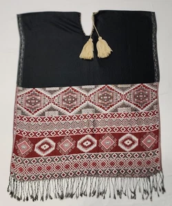 Authentic Chiapas Mexico Huipil Cotton Handwoven Geometric Cape Poncho w Fringes - Picture 1 of 11