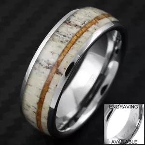 Engraved 8mm Tungsten Men's Deer Antler Hawaiian Koa Wood Wedding Band Ring - Picture 1 of 10