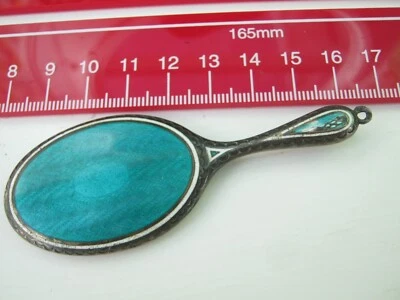 Espelho antigo de prata esterlina e guilhochê miniatura esmalte Chatelaine - Imagem 1 de 4