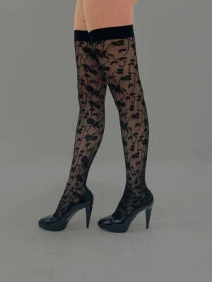 Wolford Roses Stay-Up halterlose Strümpfe mit Blumen - muster schwarz - Bild 1 von 4