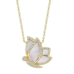 Mother Of Pearl Diamond Butterfly Necklace 14K Yellow Gold 1.31 TCW Pendant - Picture 1 of 3