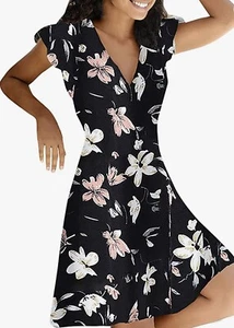 Floral Print Short Sleeve Women Dress Summer Beach Party Dresses V Neck  - Picture 1 of 6