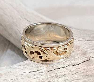 Alianza de boda ArtCarved oro amarillo blanco 14K diseño floral talla 6,5 gr Foto 1 de 4