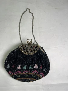 Antique Small Beaded Bag Purse Ornate Metal Clasp 6" With Chain - Picture 1 of 16