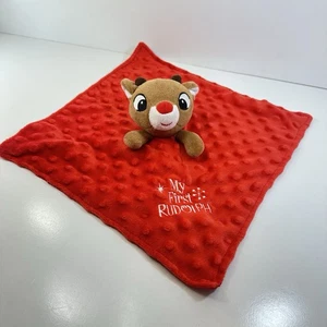 My First Rudolph Lovey Plush Security Blanket Embroidered Reindeer Rattles Satin - Picture 1 of 6