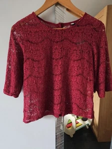 Bnwt New Look Size 8 Burgundy Lace Top Cotton Viscose Blend Elbow Sleeve - Picture 1 of 6