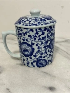 Ceramic Tea Infuser Cup with Ceramic Infuser Built Inside- Blue and White Floral - Picture 1 of 13