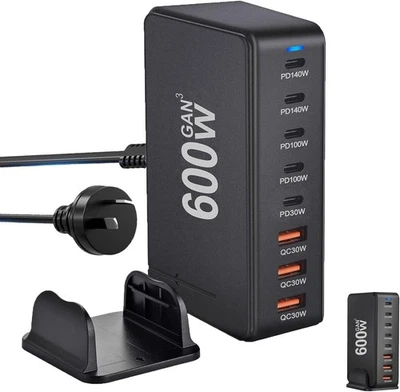 600W USB-C GaN 8-Port Fast Charging Station Hub PD 3.1 Laptop Charger Mobile Tab - image 1 of 4