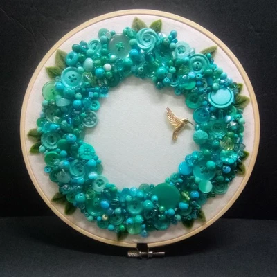 8.5" Embroidery Hoop  Button & Bead Wreath Design Aqua Wall Decor Handmde - Image 1 of 4