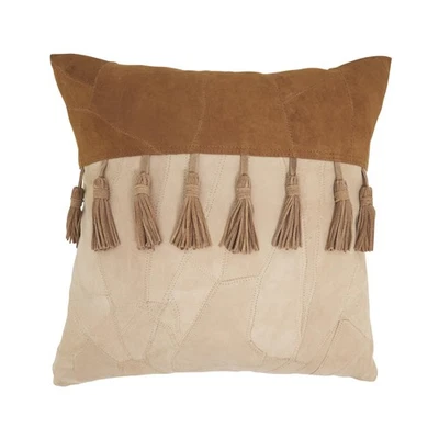 Boho Patchwork Leather Tassel Pillow Cover, 16"x16", Natural - Image 1 of 4