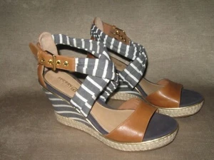 Sperry Top Sider Aurora Navy Blue White Striped Leather Wedge Sandals. Sz 9. New - Picture 1 of 4