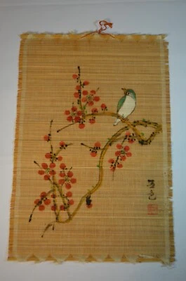 Vintage Chinese Hand Painted Birds Bamboo Scroll 17x12 inch Wall Decor - Image 1 of 4