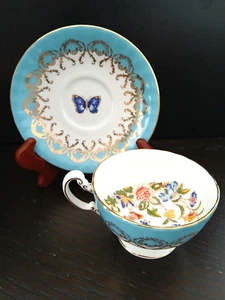 Aynsley Teacup Saucer Turquoise Blue Gold Garden Butterfly & Floral Vintage - Picture 1 of 8