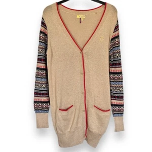 Princess Vera Wang Gold Shimmer Fair Isle Sleeve Oversized Cardigan Sweater Sz M - Picture 1 of 10