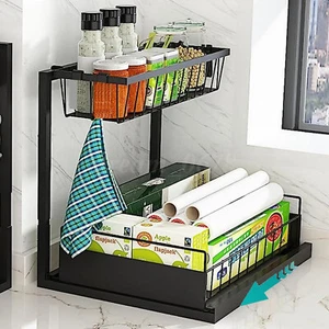 2Tier Under Sink Organizer Pull Out Sliding Storage Kitchen Bath Cabinet Pullout - Picture 1 of 13