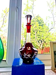 Vintage, Bohemian Pinwheel Pattern, Cut Ruby Red Crystal Glass Decanter. - Picture 1 of 8