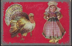 Thanksgiving Joys Turkey Dutch Girl Silver Frame Vintage Holiday Postcard - Picture 1 of 2