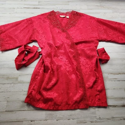 Bata corta vintage Victoria's Secret etiqueta dorada jacquard rojo encaje ribete kimono Foto 1 de 4