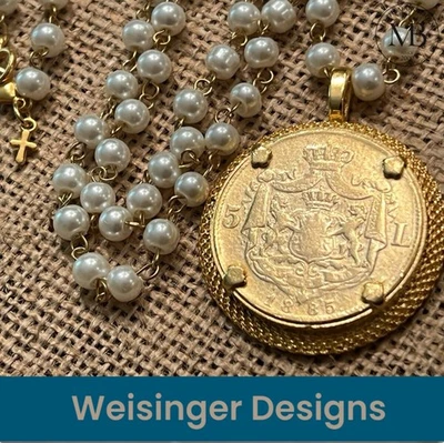 Weisinger Large Vintage Coin Medallion Pearl Chain 18K Plate Gold Necklace Jewel - Image 1 of 4