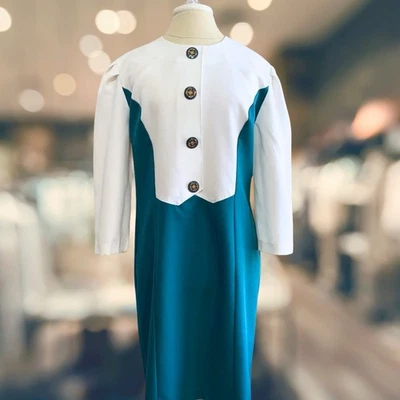 Vtg 80s Does 60s Secretary Dress Teal White Sz 16 Retro Flight Attendant Costume Foto 1 de 4