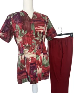 Scrub SET Vintage Peaches Burgandy Floral, Size S - Picture 1 of 11