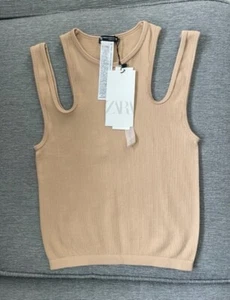 ZARA WOMEN SEAMLESS CUT OUT Ribbed KNIT CAMEL HAIR COLOR TANK TOP SIZE XS-S - Picture 1 of 8