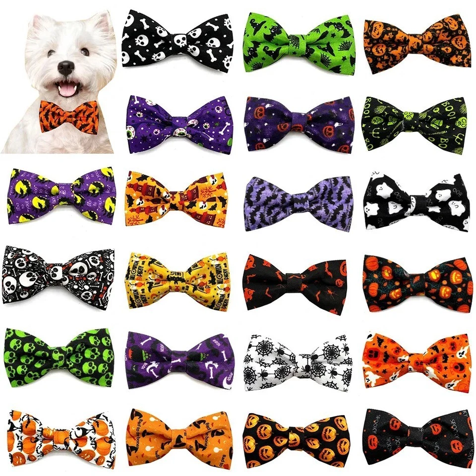 100Pcs Halloween Festival Pumpkin Skull Dog Bowtie Collars Pet Grooming Supplies