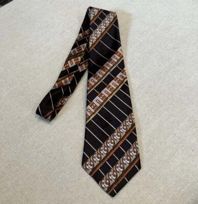 Corbata de cuello vintage Hardy Amies marrón/naranja años 70 patrón geométrico seda Foto 1 de 4