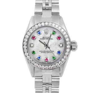 Rolex Ladies Oyster Perpetual Mother Of Pearl Rainbow Dial Diamond Bezel - Picture 1 of 3