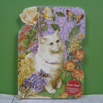 Punch Studio Cat Note Paper Pad White Cat And Flowers Die Cut Vtg Collage New - Image 1 of 4
