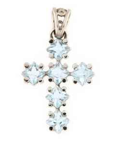 18kt White Gold Women's Princess Cut Blue Topaz Cross Pendant 1-3/4" - Picture 1 of 5