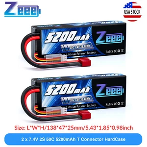 2x Zeee 7.4V 50C 5200mAh 2S LiPo Battery T Plug Hardcase for RC Car Truck Truggy - Picture 1 of 6