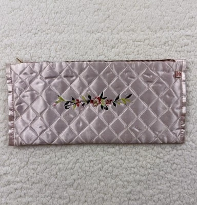 Vtg Japanese Lingerie Bag Pink Quilted Satin Embroidered Floral Pearl Zip Top - Image 1 of 4