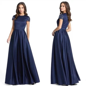 Mac Duggal 25947 Formal Cap Sleeve Satin Long Evening Gown Navy Size 14 NWT - Picture 1 of 16