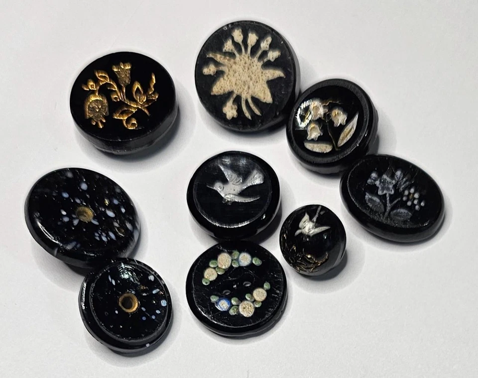 Mixed Lot 9 Antique Buttons Black Glass Brass Shank Vtg Round Enamel Dove Inlay - Image 1 of 1