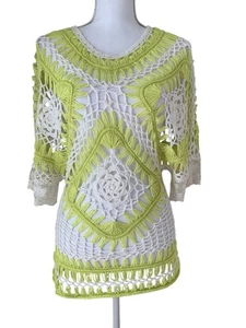 Top donna Elan all'uncinetto taglia small con orlo in pizzo verde fluo/bianco Boho Festival - Foto 1 di 12