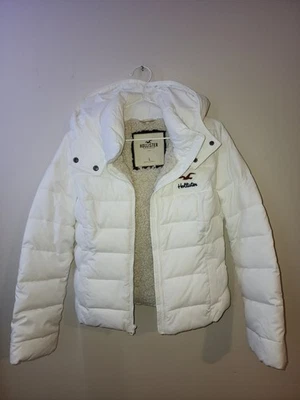 Vintage Y2K Hollister Puffer Jacket White Large Faux Fur Hood - Image 1 of 4